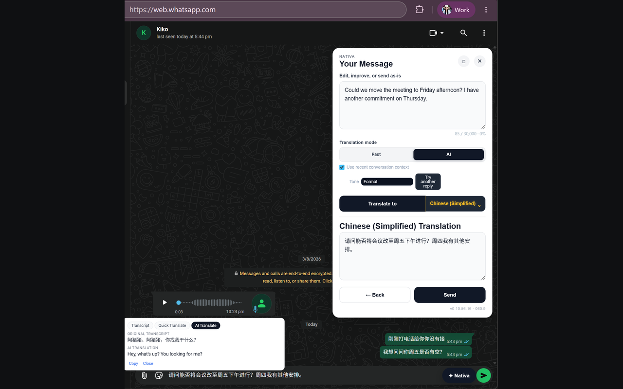 WhatsApp Web conversation with Nativa preparing a multilingual outgoing message alongside an audio message in the thread.