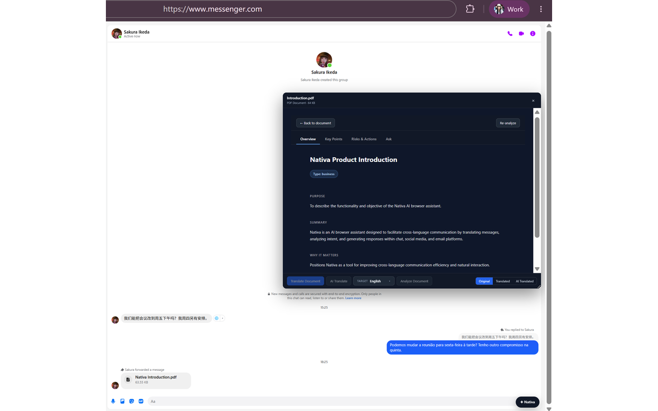 Messenger conversation with the Nativa Document AI workspace open beside a shared document.
