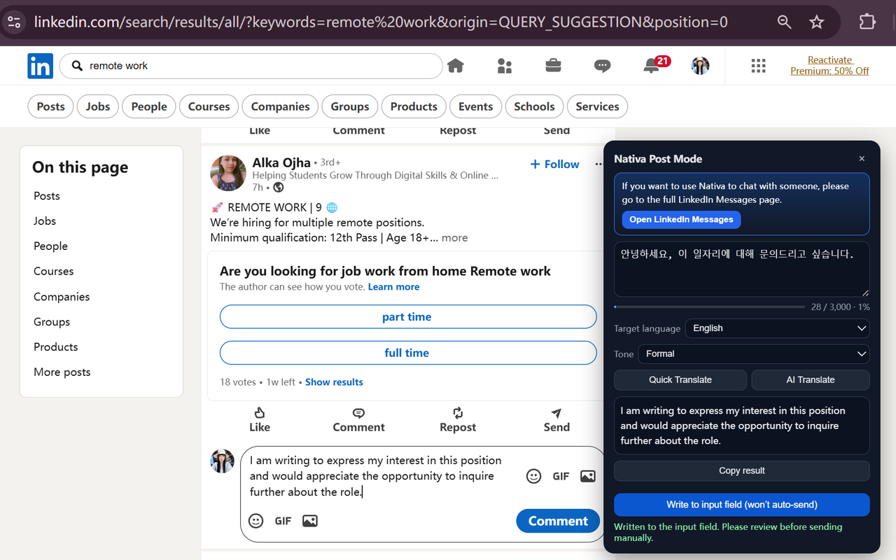LinkedIn composer with Nativa Post Mode helping draft a longer public post in another language.
