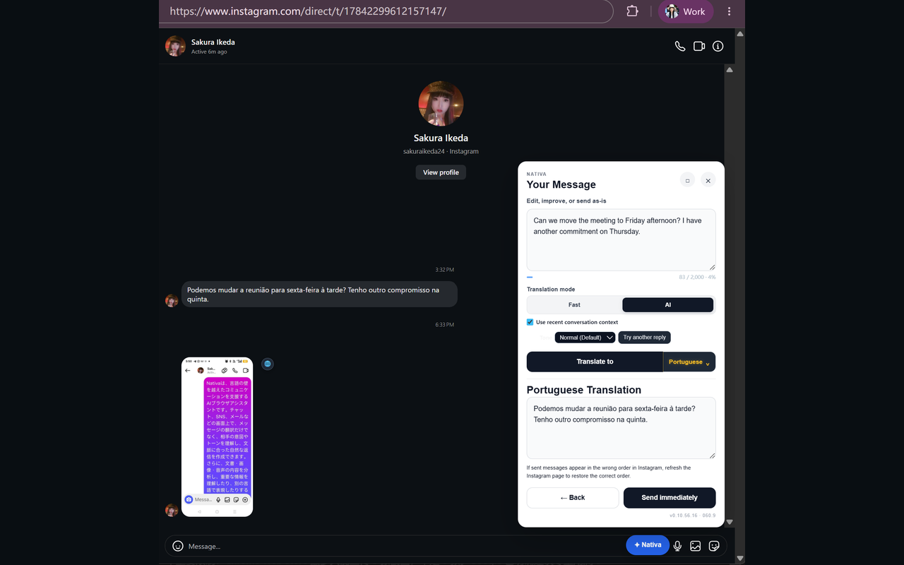 Instagram direct message with Nativa drafting a multilingual outgoing reply.