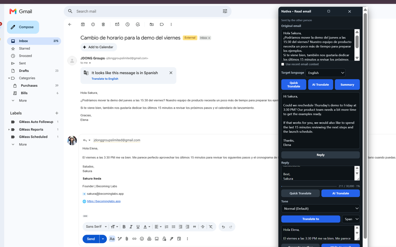 Gmail message with Nativa assisting a cross-language email reply.